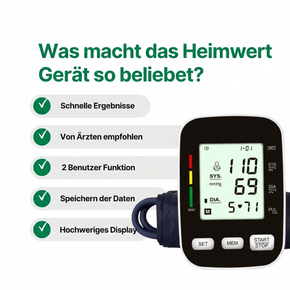 Blutdruckmessgerät mit digitalem Display / Mit komfortabler Manschette und Speicherfunktion / Blutdruck- und Pulsmessung