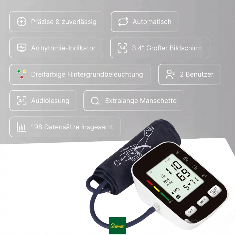 Blutdruckmessgerät mit digitalem Display / Mit komfortabler Manschette und Speicherfunktion / Blutdruck- und Pulsmessung