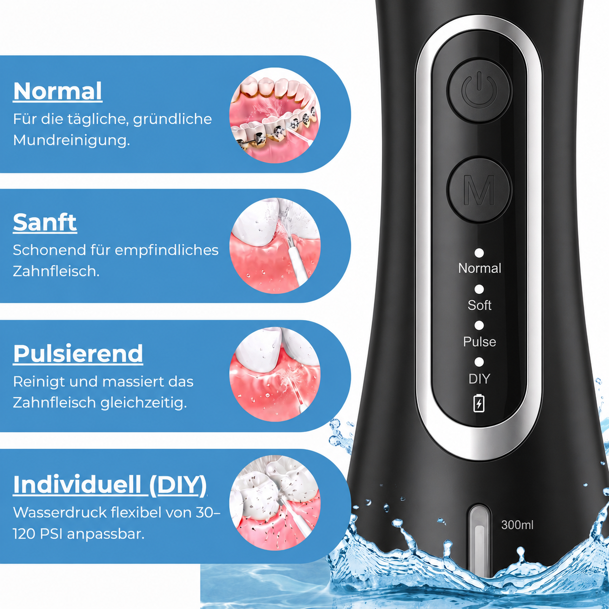 Kabellose Munddusche für effektive Zahn- & Zahnfleischpflege Mit 4 Modi & 4 Aufsätzen, 300 ml Wassertank, 30–120 PSI Wasserdruck und IPX7-Wasserschutz
