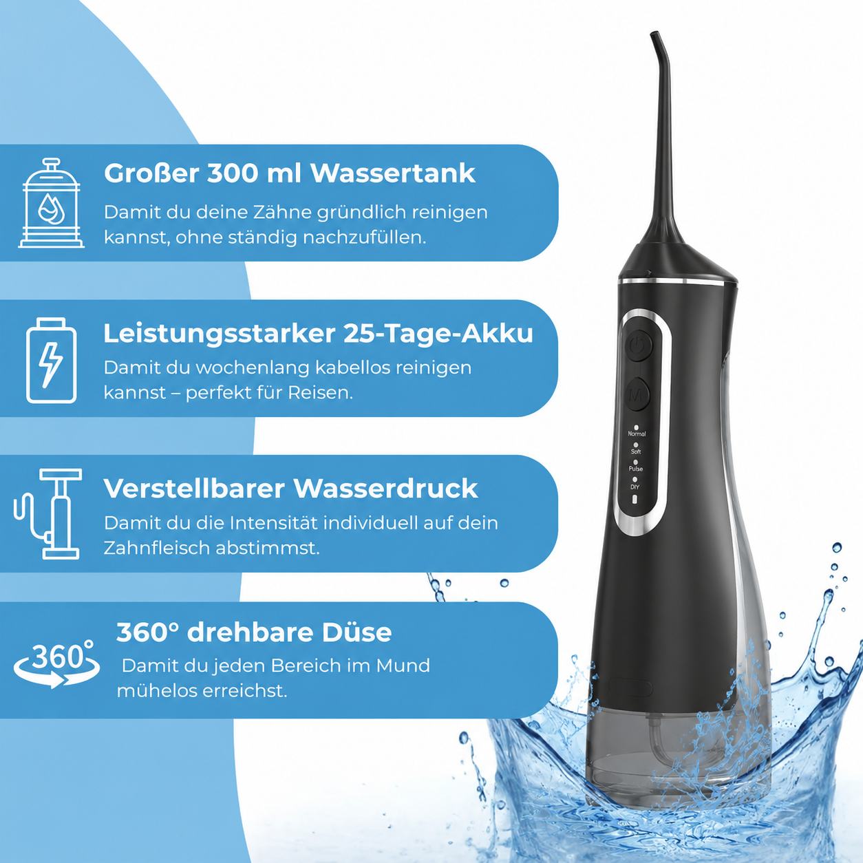 Kabellose Munddusche für effektive Zahn- & Zahnfleischpflege Mit 4 Modi & 4 Aufsätzen, 300 ml Wassertank, 30–120 PSI Wasserdruck und IPX7-Wasserschutz